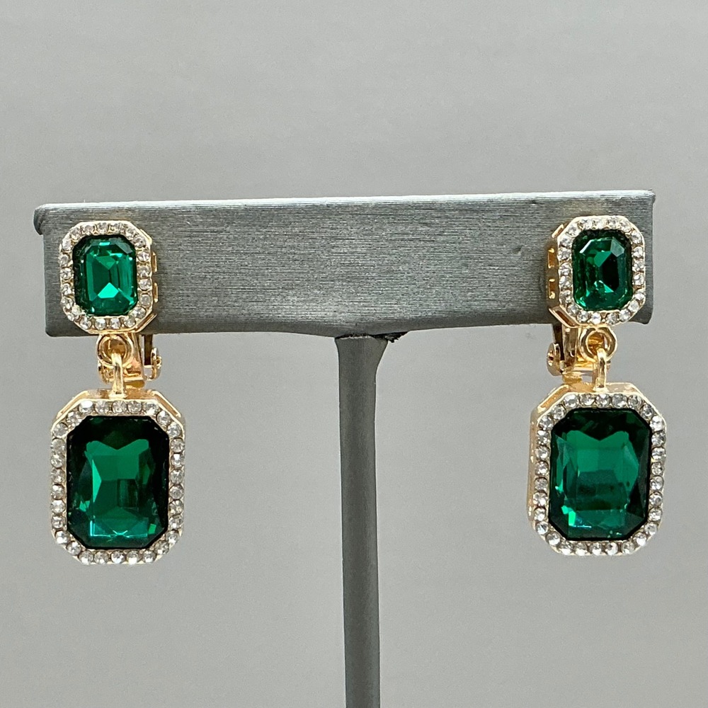 Emerald Green Crystal Drop Clip On Earrings Women Gold Tone Rhinestone Halo